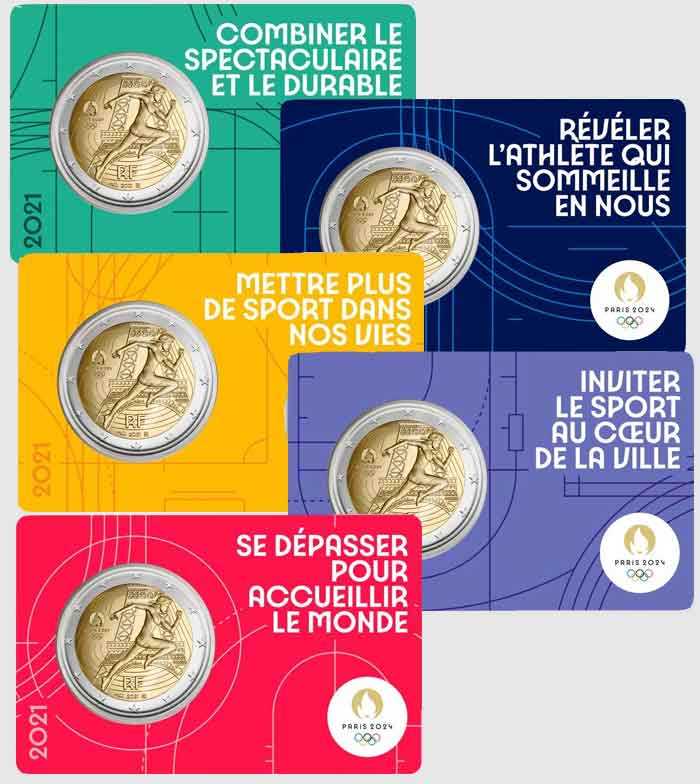 foto 2021 Francia - 2 Euro Olimpiadi Parigi 2024 in coincard (serie completa di 5 coincard differenti)